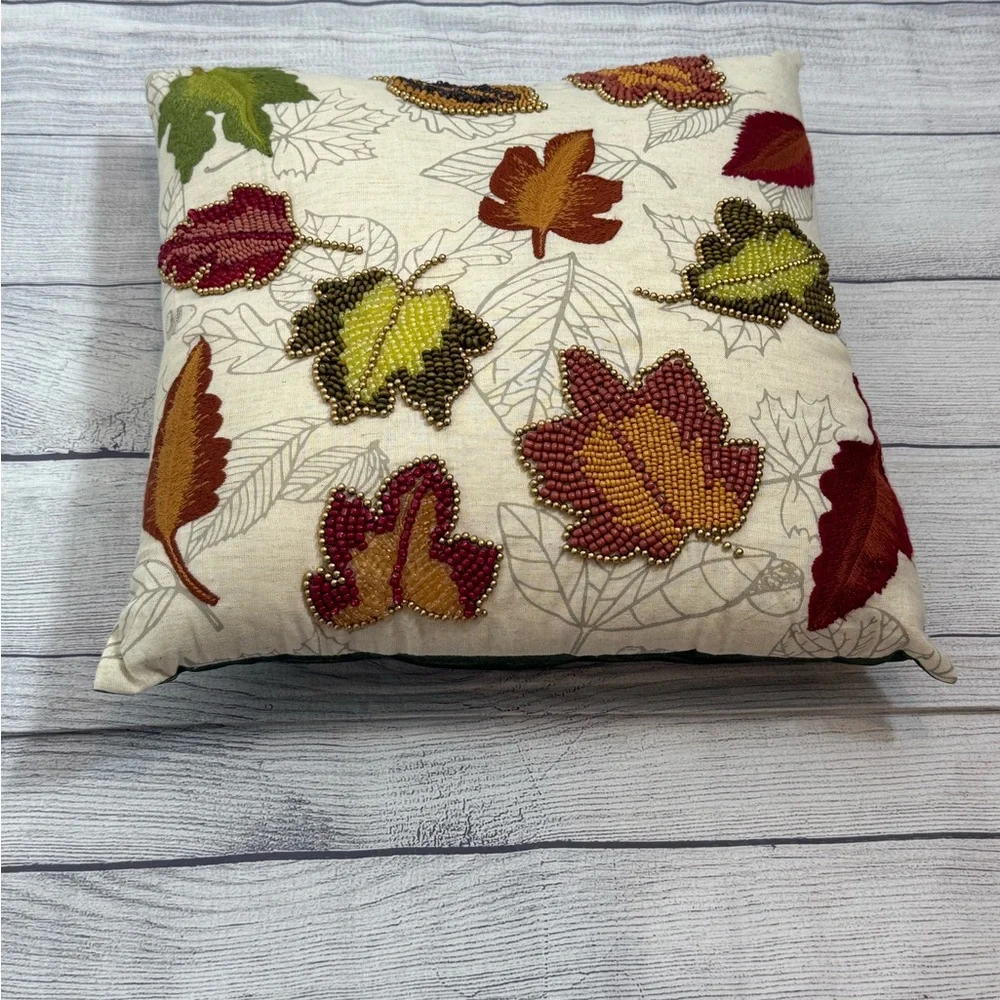 Pier 1 Beaded Autumn Leaves Decorative Throw Pillow 16” Fall Harvest